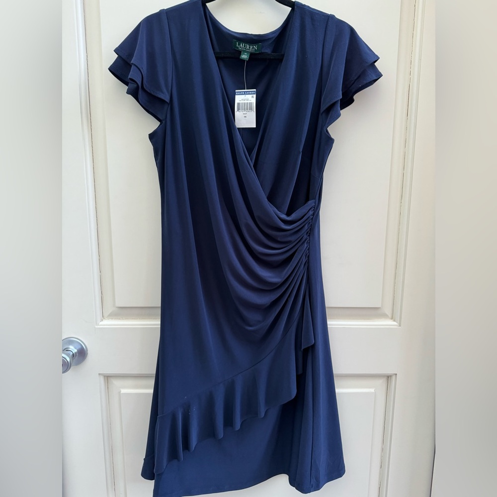 Lauren Ralph Lauren Navy Faux Wrap Ruffle Jersey Dress 14 NW #58 - Picture 3 of 11